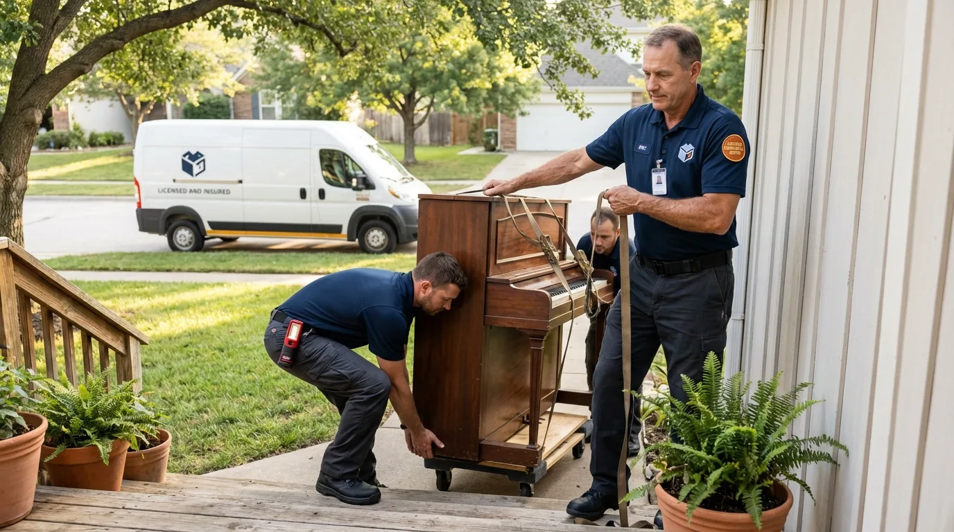 Licensed piano movers securing grand piano in El Dorado, KS