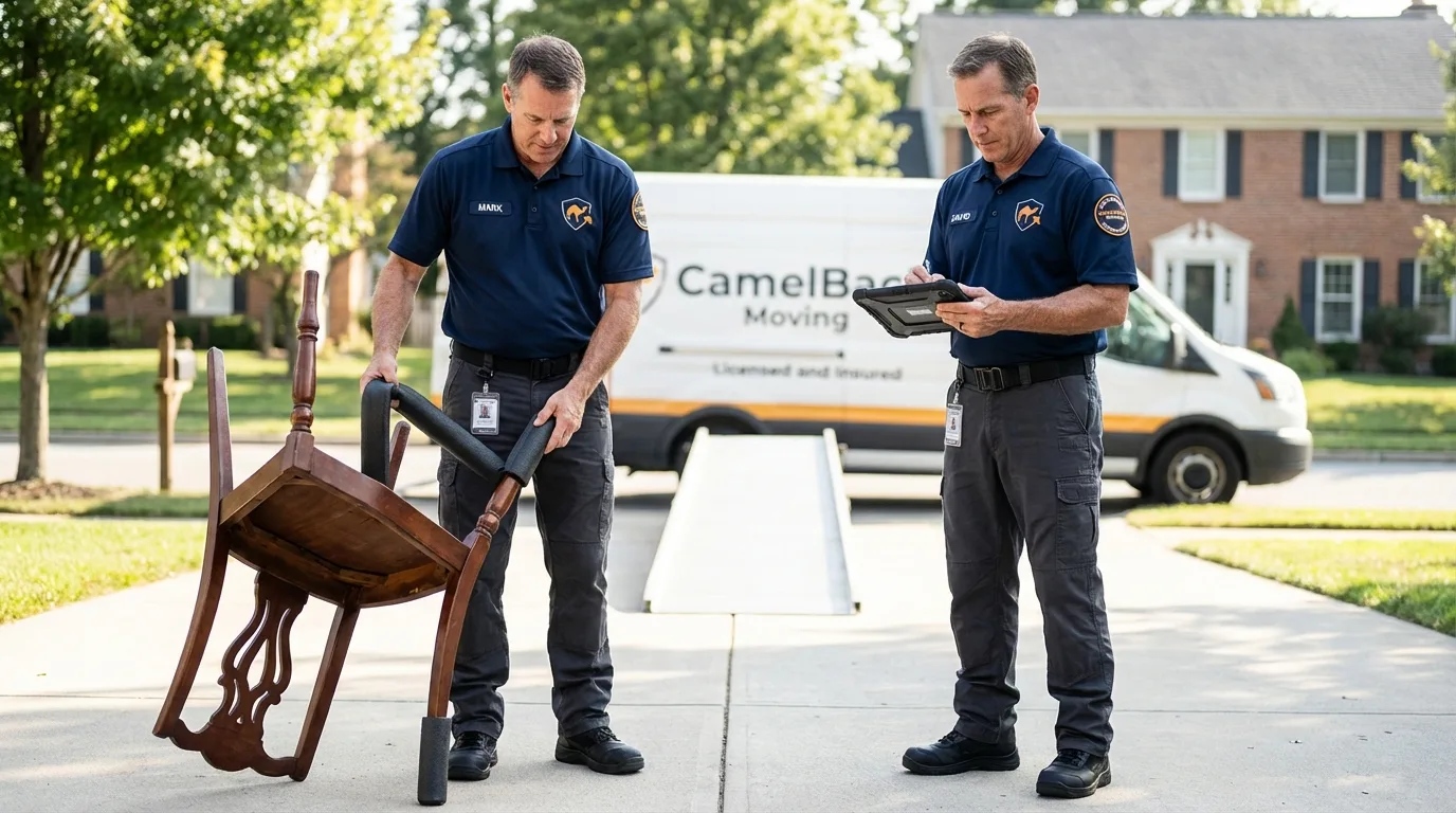 Movers inspecting furniture for damage prevention before loading in El Dorado, KS