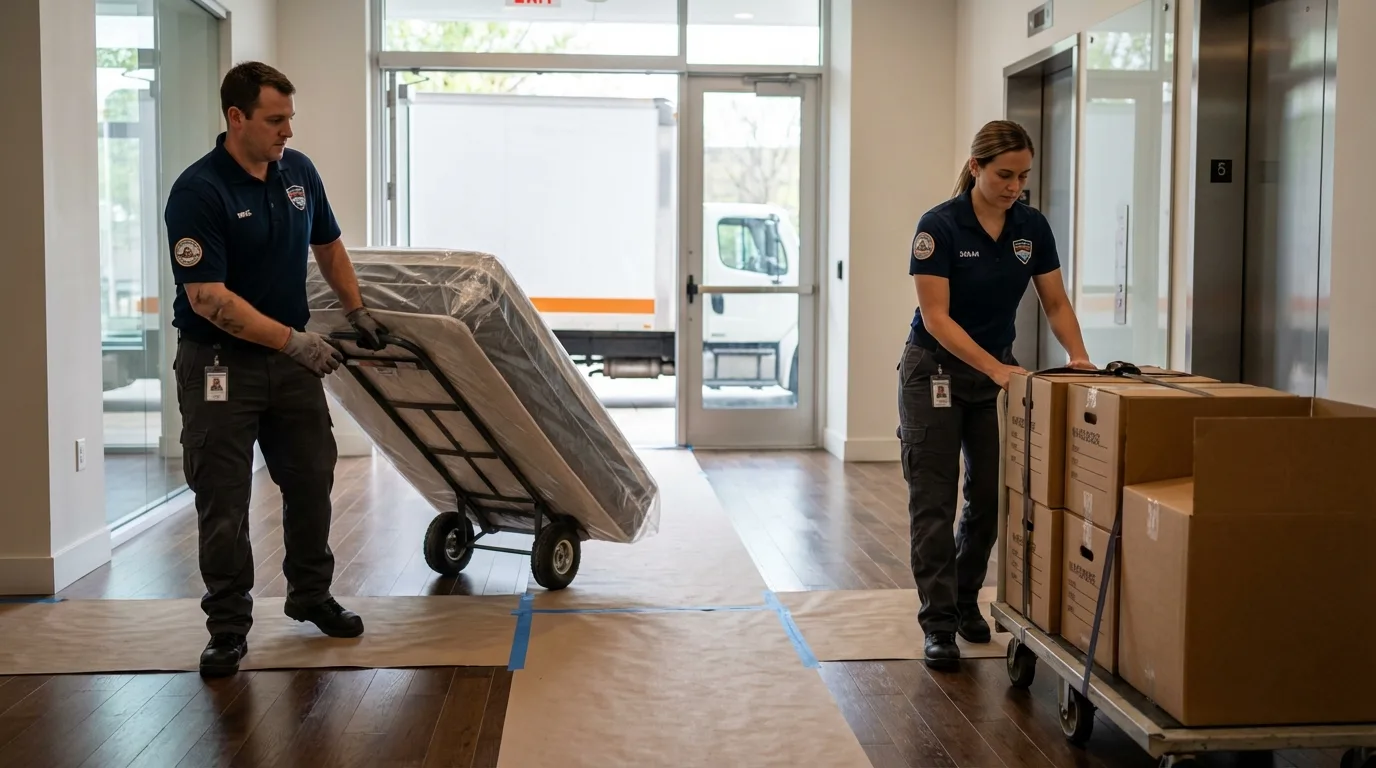 Professional apartment movers loading elevator in El Dorado, KS